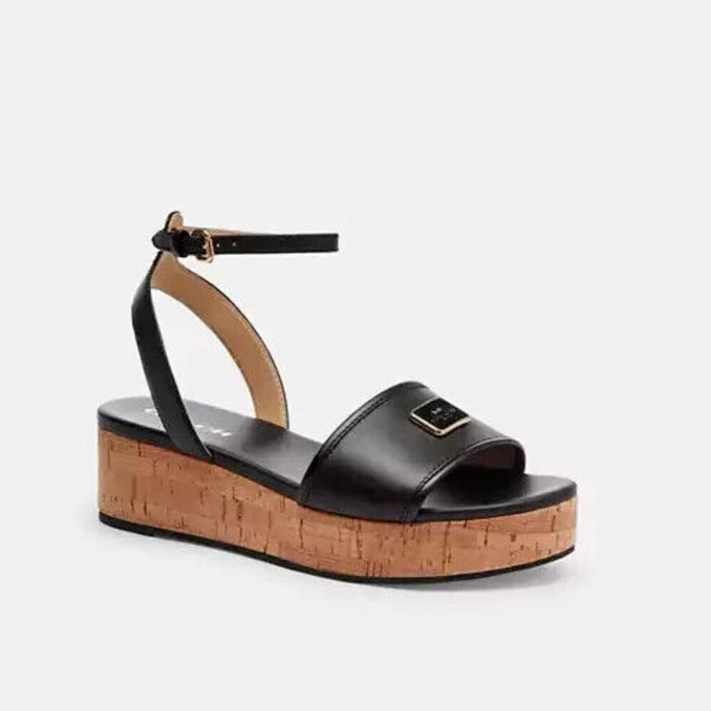 Coach Women Tullie Black Leather Cork Wedge Platform Sandals Ankle Strap Sz 8.5
